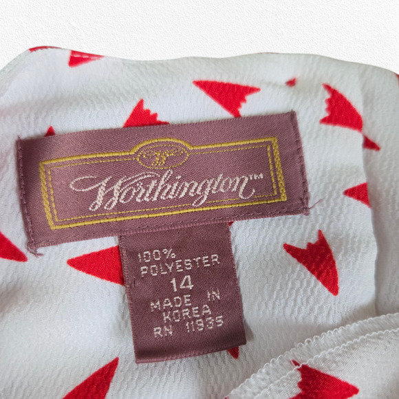 80s Vintage White Red Geometric Pleated Back Button Worthington Blouse Size 14 - Picture 4 of 6